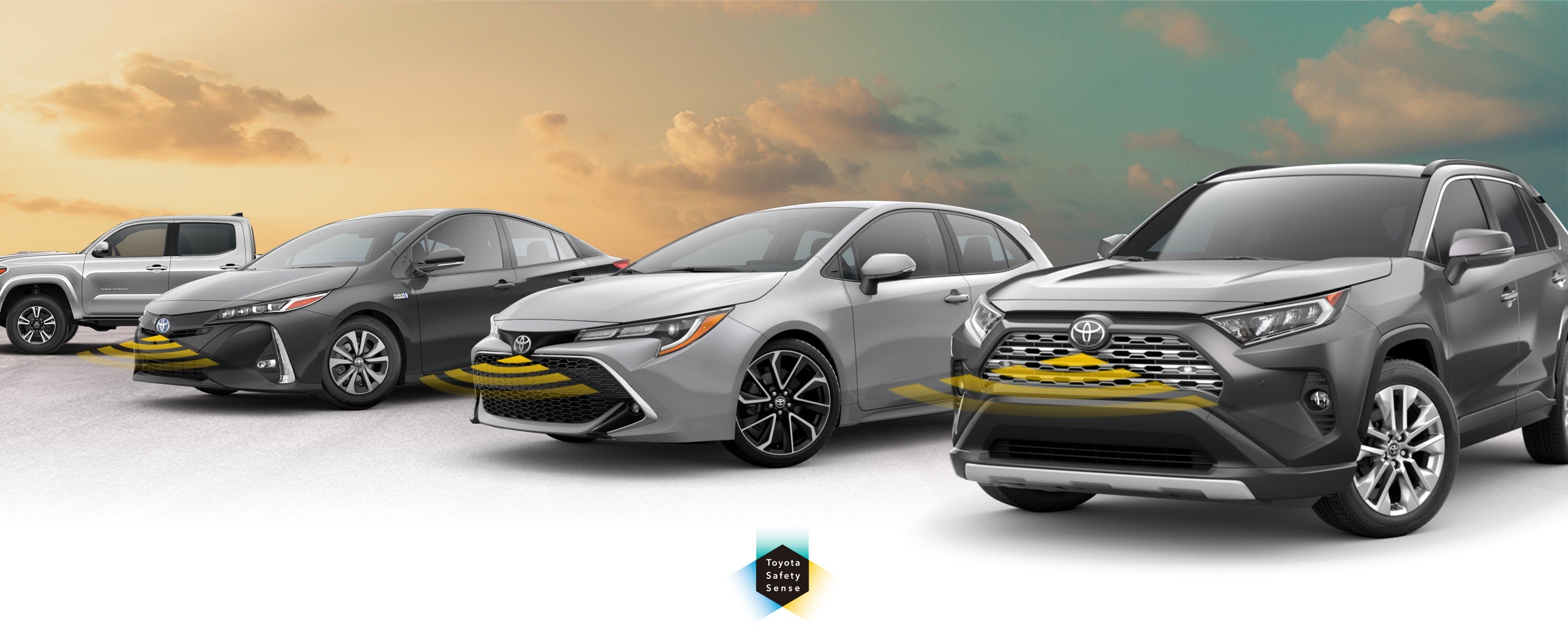 Toyota Safety Sense: Designed for Safety. Options shown on Toyota models including RAV4, Tacoma, and Camry, available now at LaFontaine Toyota in Dearborn MI.